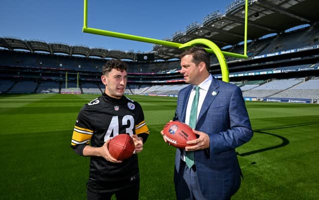 Pictured is Pittsburgh Steelers Director of Business Development & Strategy Daniel Rooney, right, and Kerry All-Ireland winner and Steelers fan Paudie Clifford, Photo by Brendan Moran/Sportsfile