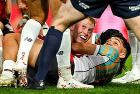 Jamie Osborne checks with the referee upon scoring his side's first try during the tour match between First Nations & Pasifika XV and the British & Irish Lions Marvel Stadium, Photo by Sportsfile