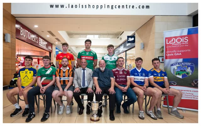 Laois G.A.A Senior Hurling Championship Captains with P.J Kelly, Laois County Board Chair & Kevin Doyle, Laois Shopping Centre Manager Photo Denis Byrne.