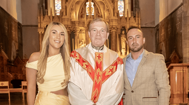Fr Eugene Boyce, of Rockhill, with niece and nephew, Aine and Barry Bresnihan at his golden jubilee I PICTURE: Helen O'Callaghan Photography