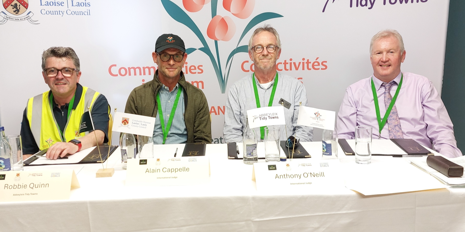 Abbeyleix Tidy Towns chair Robbie Quinn, Communities in Bloom judges Alain Cappelle and Anthony O'Neill and Simon Walton, LCC. Photo: Laois County Council