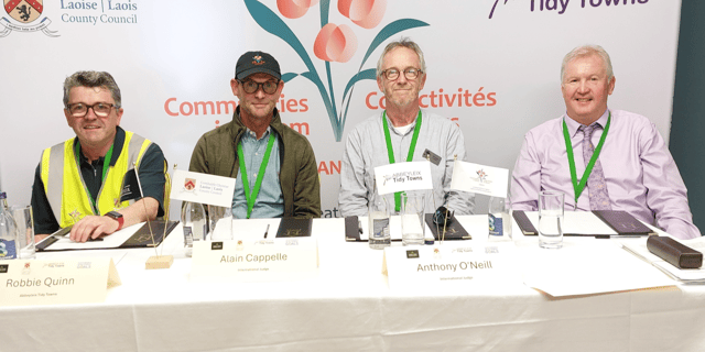 Abbeyleix Tidy Towns chair Robbie Quinn, Communities in Bloom judges Alain Cappelle and Anthony O'Neill and Simon Walton, LCC. Photo: Laois County Council
