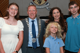 Cllr Barry Walsh, the new Cathaoirleach of Laois County Council with his wife Gemma and children Ellie, Oisin and Cillian in council chambers.