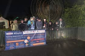 Lifehack Project participants, and project staff (Richard McRory and Cait Ramsey) pictured with Councillor Gary Donnelly during their sleep out in aid of Homelessness Awareness, at Rath Mor on June 4.