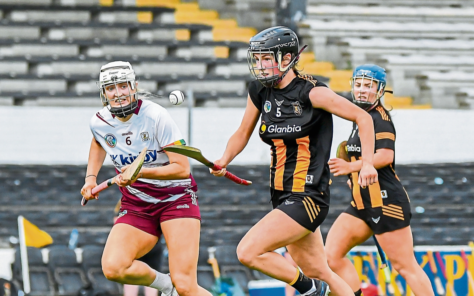 Kilkenny's Katie Byrne goes on the run past the challenge of Galway’s Katie Anna Porter. Picture: Billy Culleton