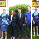 Left: Jack Freeney with his father Paddy, Bruff RFC outgoing president Micheal Leahy, incoming president Barbara O’Brien, Club Captain Cillian Rea and John Hayes | PICTURES: Pat O'Leary