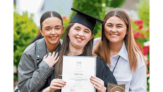 New graduate of the Certificate in Inclusive Employment, at TUS, Niamh Flynn with her sisters Orla and Amie at her graduation at the Millennium Theatre, TUS last Monday Picture: Arthur Ellis