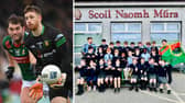 Shaun Patton, of Donegal, and the students of St Mura's National School in Tooban were shocked when Garda McGreal unfurled a Mayo GAA flag. Pic: Sportsfile/An Garda Síochána Donegal