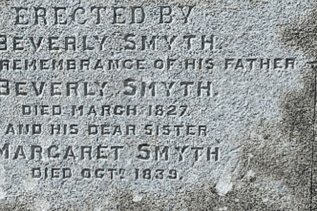Two members of the family rest in Knockaroo Cemetery marked by a monument bearing the following inscription: ‘Erected by Beverly Smyth in memory of his father Beverly Smyth who departed this life in March 1827, aged 60 years: also, his sister Margaret Smyth who died 19 th October 1839, aged 28 years’.
