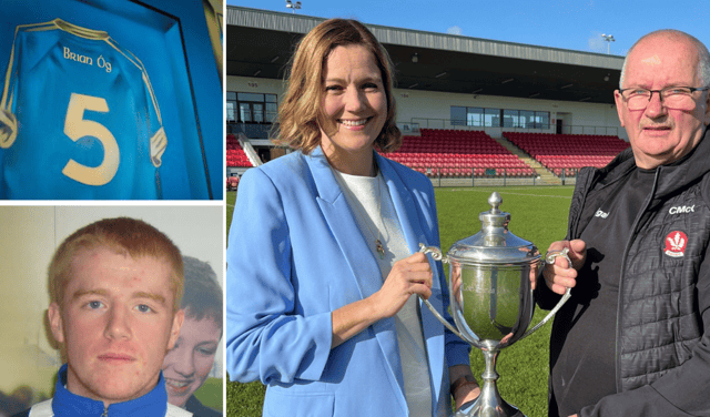 Gráinne and Colm McGuigan pictured with the Ulster trophy and (inset) the late Brian Óg McKeever,