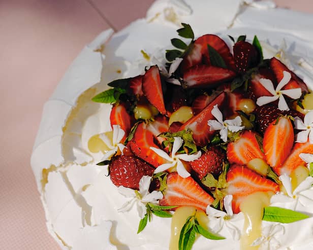 Pavlova with lemon olive oil curd