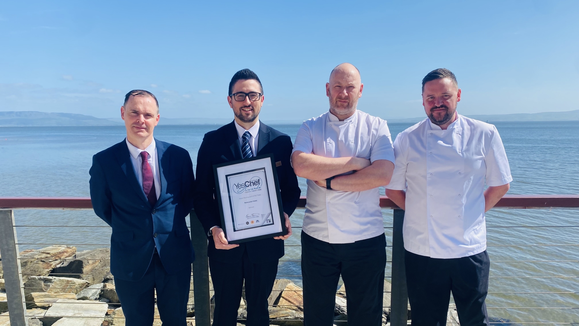 Owen McGee, General Manager; Restaurant Manager Keith McGilloway with winning certificate; Executive Head Chef Gordon Smyth, and Head Chef Conor McCormick