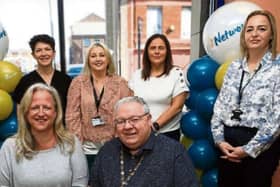Deputy Mayor Darren Guy with Emma Revie (Trussell), standing: Rose Bray (Feeding Britian), Karen Mullen (The Network), Ciara Burke (DCSDC), Ellen Harper (The Network).