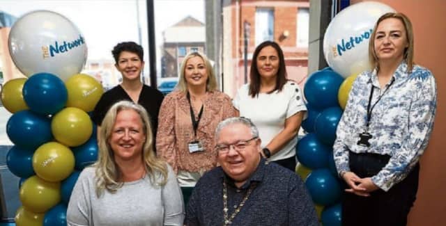 Deputy Mayor Darren Guy with Emma Revie (Trussell), standing: Rose Bray (Feeding Britian), Karen Mullen (The Network), Ciara Burke (DCSDC), Ellen Harper (The Network).