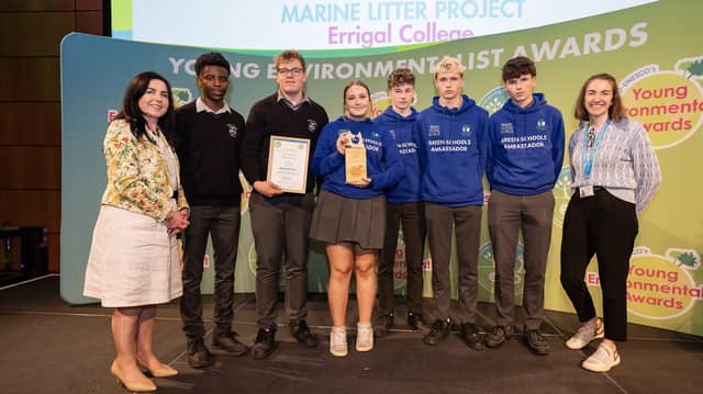 Photographed receiving their award at the Young Environmentalist Awards Ceremony were young people from Errigal College, Letterkenny, Co Donegal. Photo: Brian Morrison