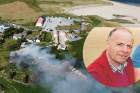 The scene at Doagh Famine Village on Saturday evening, and, inset, Pat Doherty. Photos: Tony McBride / Online Video Productions