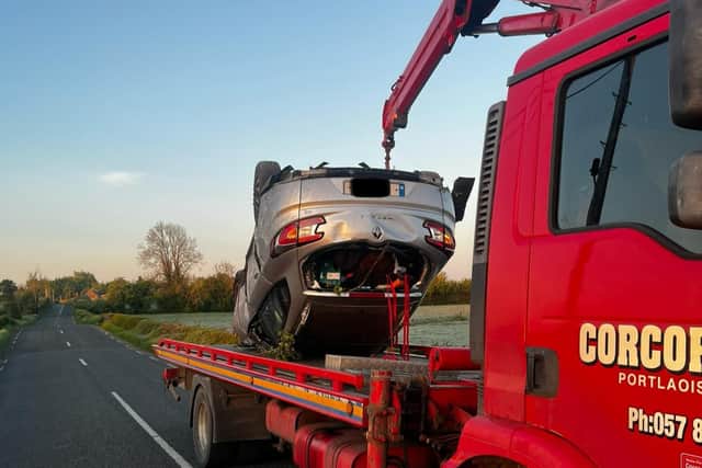 Gardaí said the driver was taken to hospital with non serious injuries after the car left the Rathdowney to Johnstown R435 road at Ballybuggy.