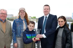 Pictured receiving his Limerick Person of the Month award is Christopher Culhane, his mother Monika, award sponsor representatives Dave O'Hora, Darren Harding and Faye Dorgan | PICTURE: Adrian Butler