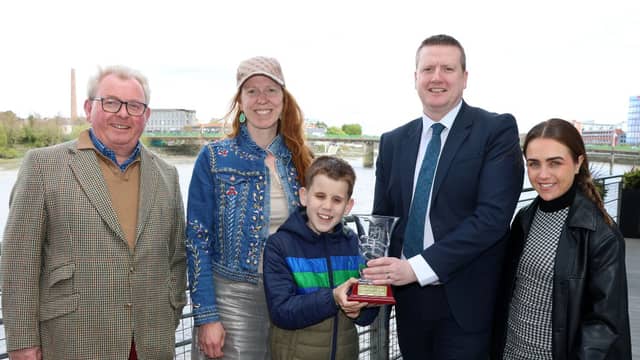 Pictured receiving his Limerick Person of the Month award is Christopher Culhane, his mother Monika, award sponsor representatives Dave O'Hora, Darren Harding and Faye Dorgan | PICTURE: Adrian Butler