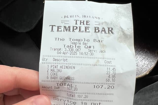 On the receipt, followers can see a total cost of €68.10 for six Baby Guinness and €11.45 for a pint of Heineken. 