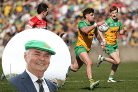 Man of the match Dáire Ó Baoill on the ball for Donegal against Derry. INSET: Brian McEniff Picture Thomas Gallagher