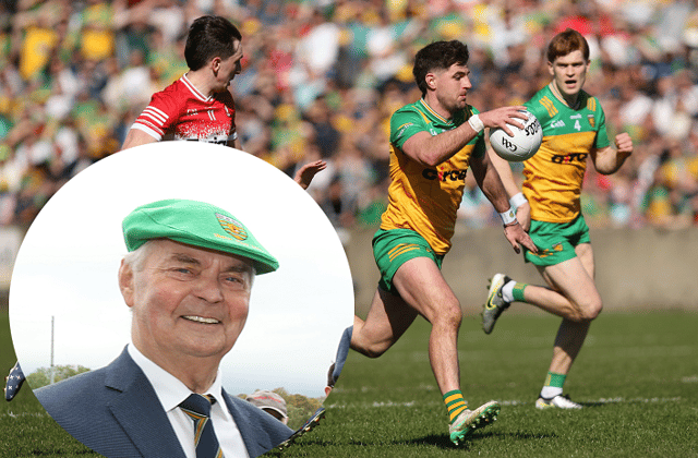 Man of the match Dáire Ó Baoill on the ball for Donegal against Derry. INSET: Brian McEniff Picture Thomas Gallagher