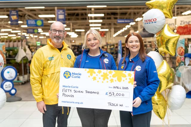 (L-R) Conor O'Kane, Senior Partnership Manager NI at Marie Curie and Tesco Community Champions Sarah-Lee Green and Fionnuala O’Reilly.