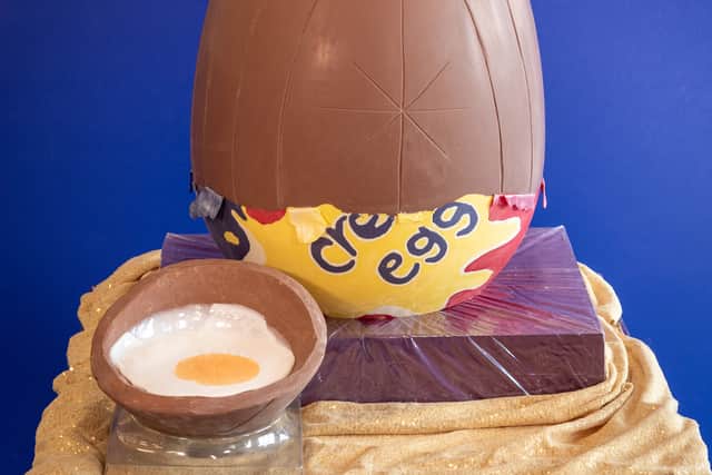 Painted with the Creme Egg’s purple, gold and red foil wrapper and filled with the added complexity of gooey fondant, the carefully detailed sweet treat weighs 45kg (7st 1lbs) – the average poundage of a newborn horse.