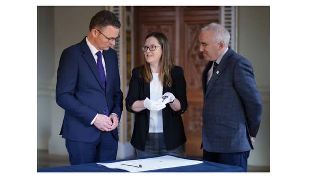 Minister Patrick O’Donovan with Joanne Gaffrey, collections assistant of Irish Antiquities Division, NMI and Prof Cathal O’Donoghue, Chair of NMI Board | PICTURE: Fran Veale/Julien Behal Photography