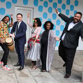 Dancer Lapree Lala; Discovery Gospel Choir singers, Michael Chanda & Vanessa Mallet; fashion designer, Florence Olufemi-Ojo; Black & Irish Podcast presenter, Leon Diop; with Minister Neale Richmond