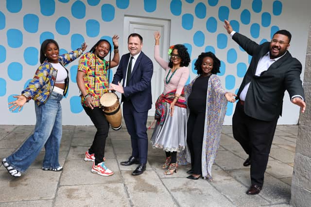 Dancer Lapree Lala; Discovery Gospel Choir singers, Michael Chanda & Vanessa Mallet; fashion designer, Florence Olufemi-Ojo; Black & Irish Podcast presenter, Leon Diop; with Minister Neale Richmond