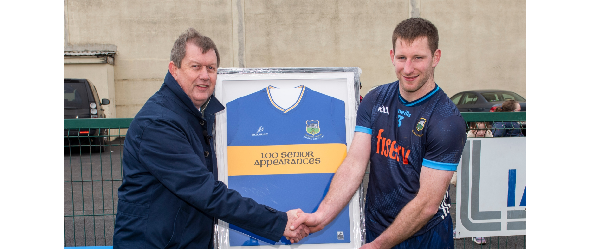 Martin O'Dwyer, Chairman of the Friends of Tipperary Football, makes a presentation to Jimmy Feehan to mark his 100th appearance for the Tipperary senior footballers. Picture: Michael Boland