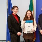Emily Liffey receiving her Rotary Youth Leadership award from Fionnuala Croker, the European Parliament Office and Seamus Parle, District Governor of Rotary Ireland. Pic: Stephen McCracken Photography