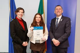 Emily Liffey receiving her Rotary Youth Leadership award from Fionnuala Croker, the European Parliament Office and Seamus Parle, District Governor of Rotary Ireland. Pic: Stephen McCracken Photography