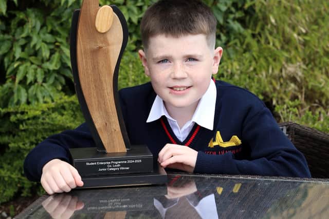 Below: Winner of the 2025 Junior Student Enterprise Award for Louth is Darragh Grimes Drone of Scoil Úi Mhuirí.