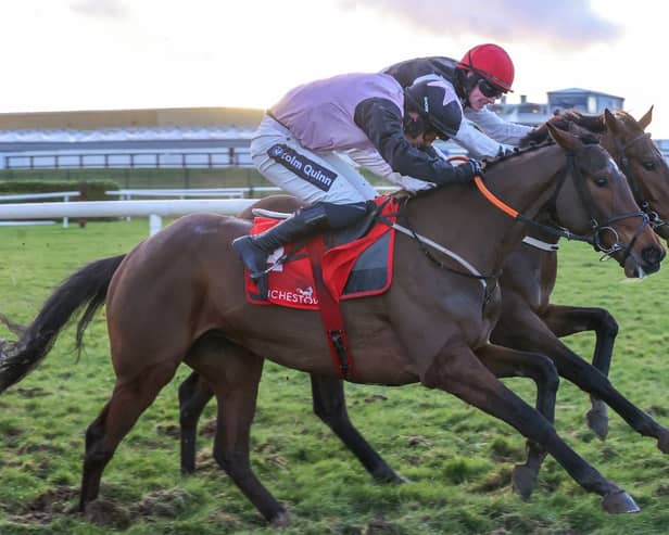 The Gordon Elliott-trained Santo Sospir and Harry Swan get up on the near side to pip Pat Doyle’s The Wager at Punchestown on Monday. Photo: Caroline Norris/Racing Post