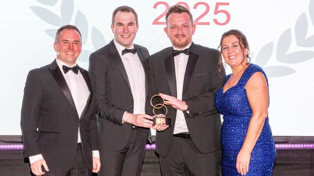 Niall Beatty and Simon Petke of Lough Eske Castle pick up the Castle Venue of the Year award. Photos: JDM Photography
