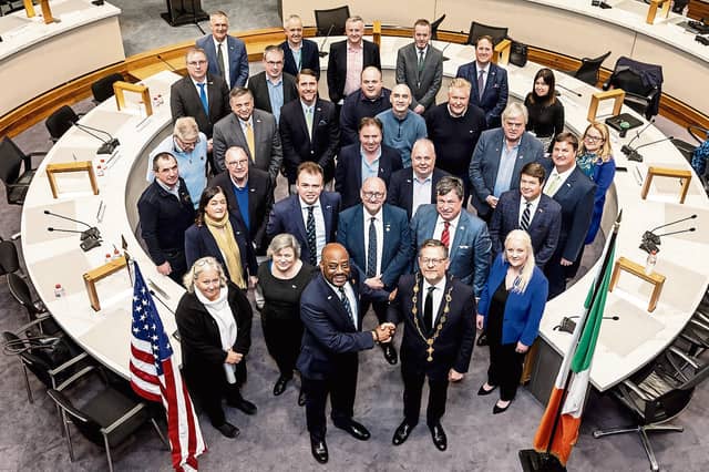 Mayor John Moran, príomh comhairleoir, Cllr Dan McSweeney and the council’s director general Dr Pat Daly welcomed the delegation from Savannah led by its mayor Van R. Johnson II | PIC: Keith Wiseman