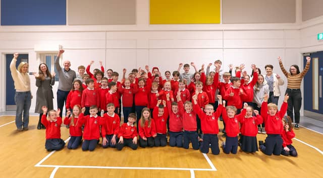Gaelscoil na gCeithre Máistrí students in their new building. PHOTO: Siobhan McGowan