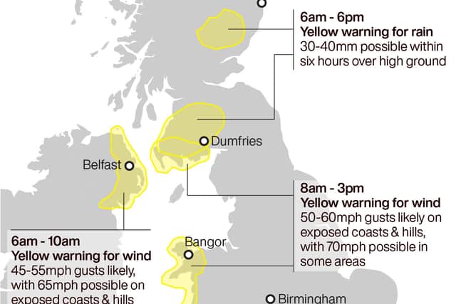 Warnings are also in place on the same day for rain in northern and south-west Scotland.