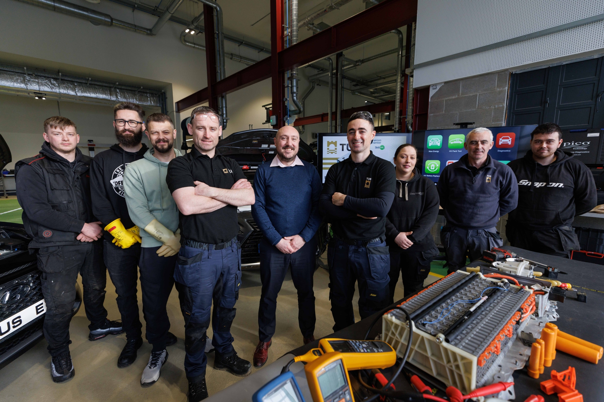 TUS lecturers Darragh Donnelly and Sean Conway with Alan Kelly, Shannon Chamber Skillnet and students Tiernan, Thomas , Mark, Samantha, Chris and Tristan | PICTURE: Eamon Ward