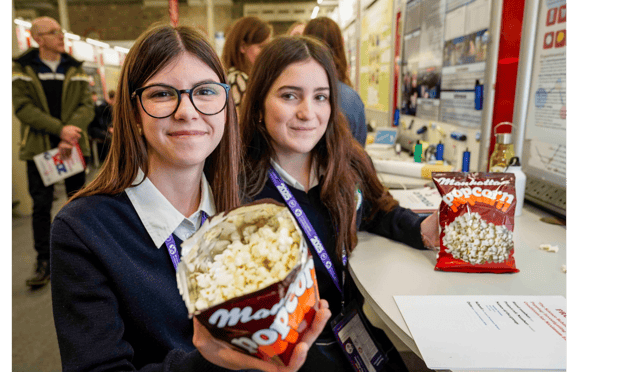 Berta Heras Badia and Natalia Tarazon from St Anne’s Secondary School Tipperary with their project ‘The science behind popcorn popping: Determining ideal conditions of temperature, pressure, time, and