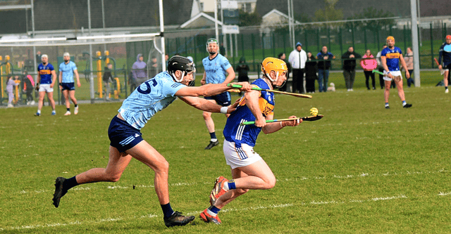 Andrew Ormond, Tipperary, tries to break away from Dublin’s Paddy Dunleavy at Fethard Town Park on Saturday. Picture: Michael Boland
