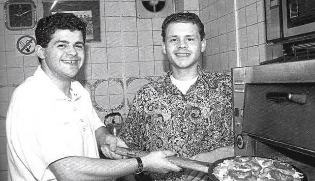 Paul and Romano Pesce making pizza at the Cafe Roma, John Street, Kilkenny during the Italia ’90 World Cup Picture: Michael Brophy