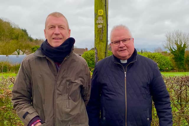 Other members of the team included Jim Gaull of Monumental Sculpture who did the inscribing , Colm McNally of Ardmore Stone who prepared the stone and Michael McCrystal. Seamus McPeake and sons provided a free shuttle service from Lavey Chapel carpark to Jarlath’s farm on the Hall Lane were the stone is located.