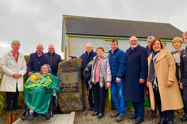 The unveiling was performed by John Joe and his sister Kathleen after which it was blessed by Father Graham and Father Madden who together recited St Patrick’s Breastplate, the evocative prayer composed by the saint himself in the 5th century.