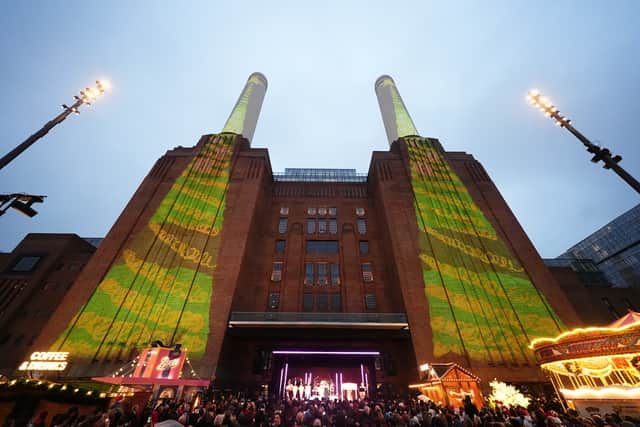The pupils’ artwork was later projected on the power station’s chimneys as Raye serenaded crowds with her take on Christmas hits and traditional songs including O Holy Night.