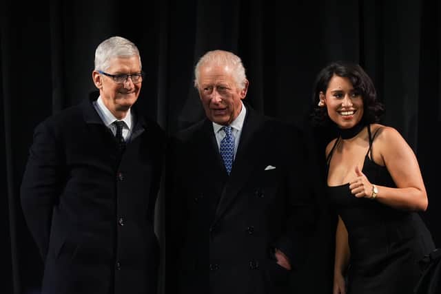 He thanked the King for his “lifelong commitment to philanthropy” before Charles unveiled a plaque marking his visit to Apple HQ.