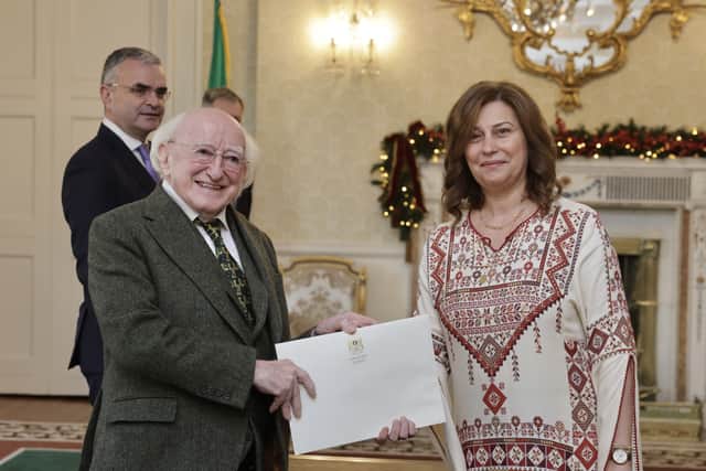 At a ceremony at Aras an Uachtarain where the Palestinian Ambassador was appointed – a formality that is part of Ireland recognising Palestinian statehood – Mr Higgins said it was a “historic” and “great” day.