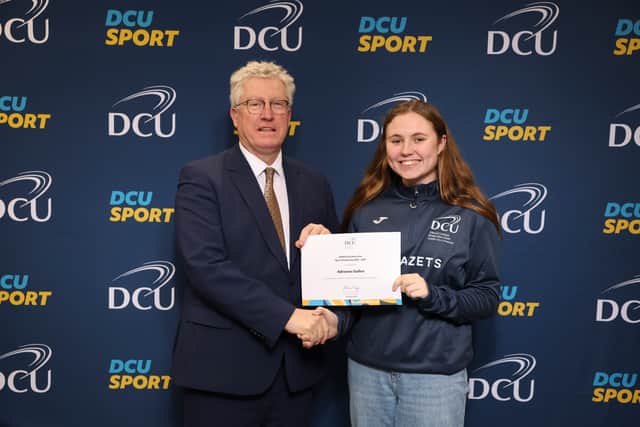 Finn Valley AC’s Seán McGinley from Glenswilly, who takes part in the 1500m, 3000m steeple chase and cross-country is studying PE with Biology, while Adrienne Gallen, below, a hammer thrower from Lifford Strabane AC is doing Actuarial Mathematics.